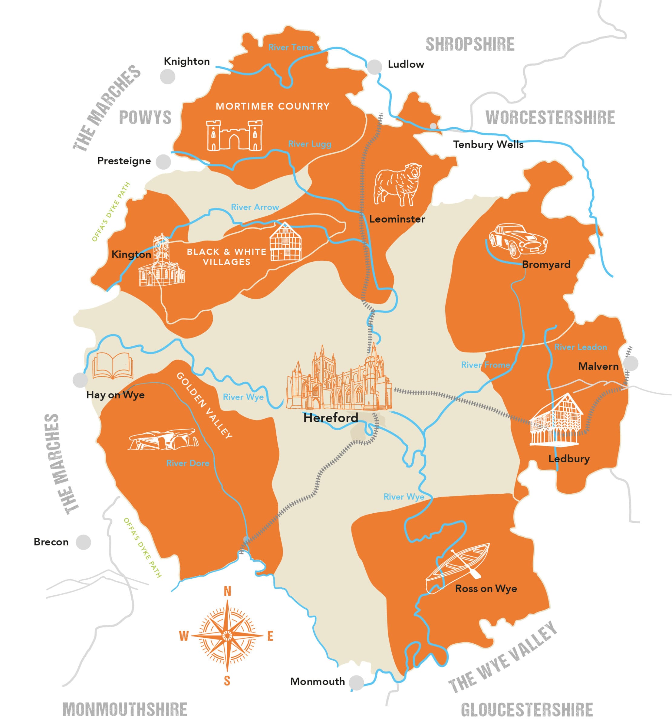 Herefordshire County Map with illustrations